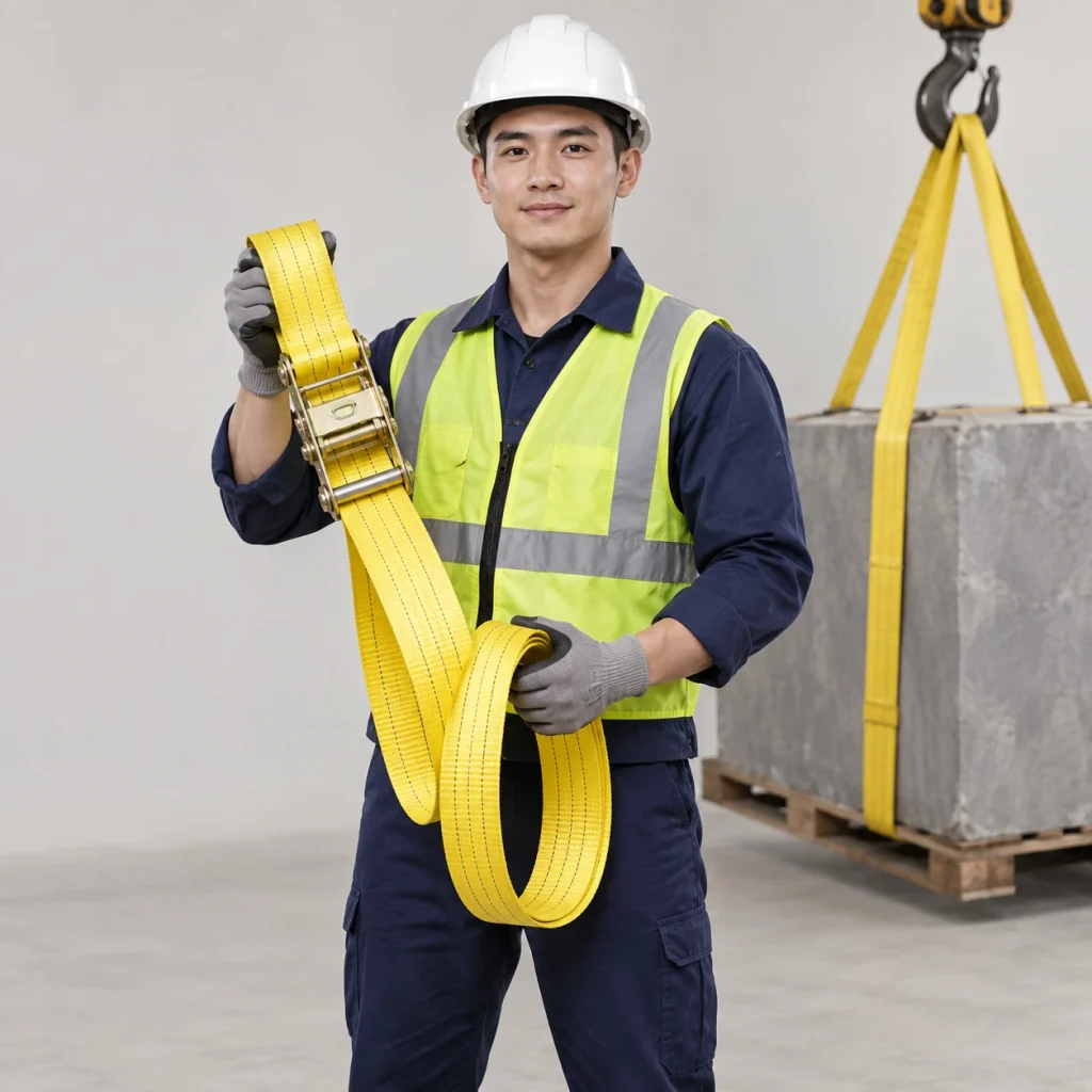 Cáp vải cẩu hàng đai nylon chịu tải màu vàng khóa tăng chỉnh nhanh