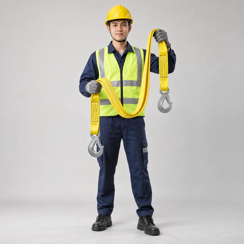 Cáp vải cẩu hàng dây polyester cường lực màu vàng móc nhỏ gọn nhẹ