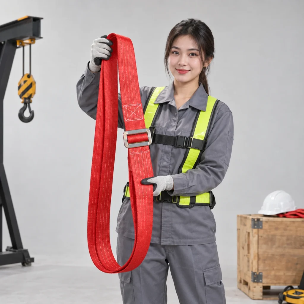 Cáp vải cẩu hàng sợi dệt bản rộng màu đỏ khóa tăng chỉnh nhanh