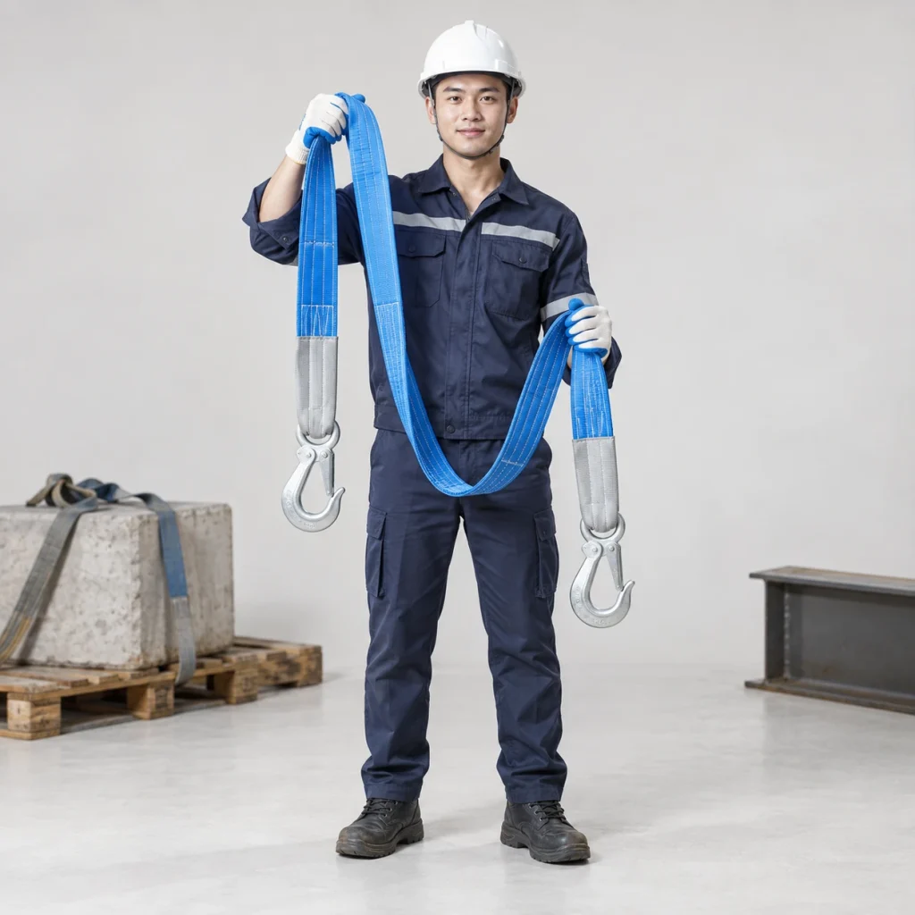 Cáp vải cẩu hàng đai nylon chịu tải màu xanh hai móc chống sốc