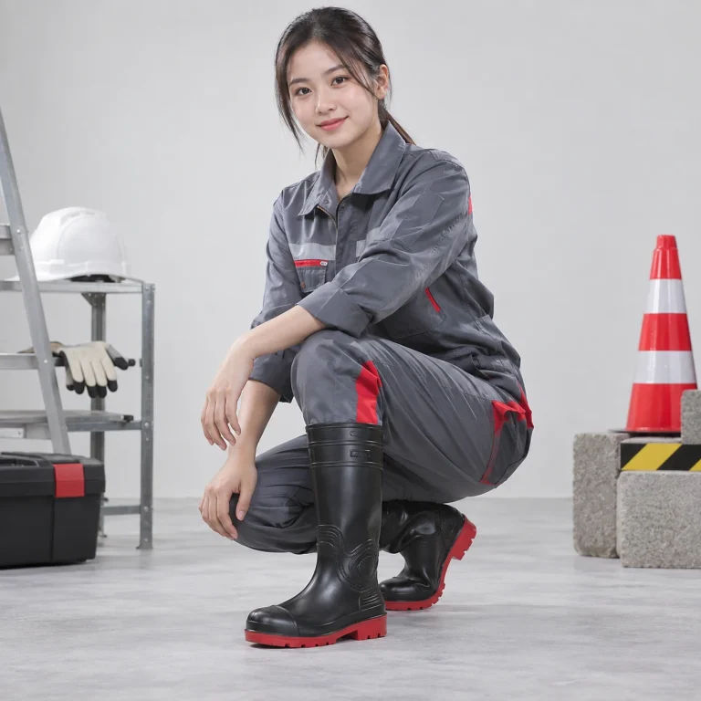 Ủng bảo hộ mũi thép cao su tự nhiên màu đen phối đỏ lót vải êm chân