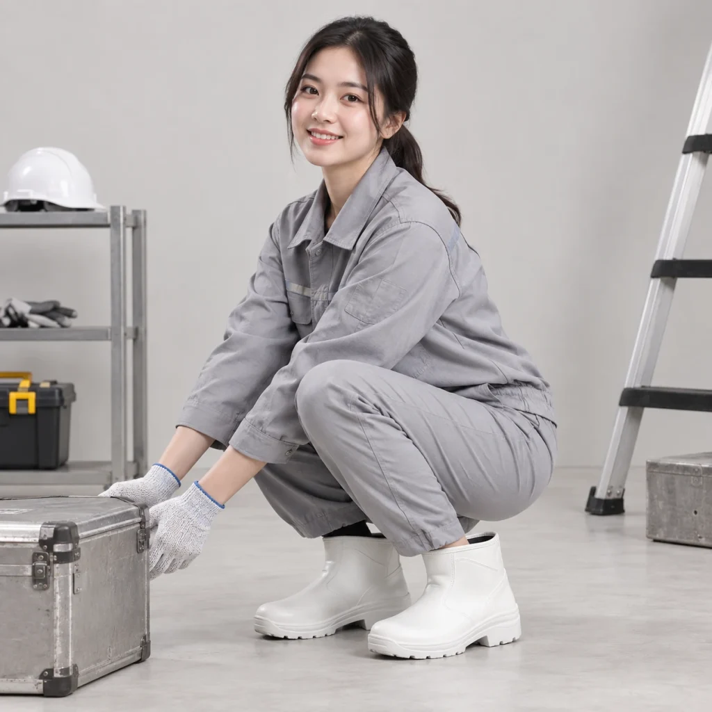 Ủng cao su thấp cổ PU nhẹ màu trắng mũi thép