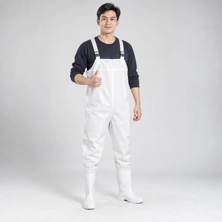 Ủng lội nước liền quần nhựa PVC dẻo màu trắng lót vải êm chân