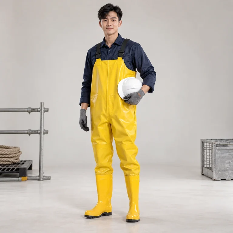 Ủng lội nước liền quần cao su chống dầu màu vàng mũi thép