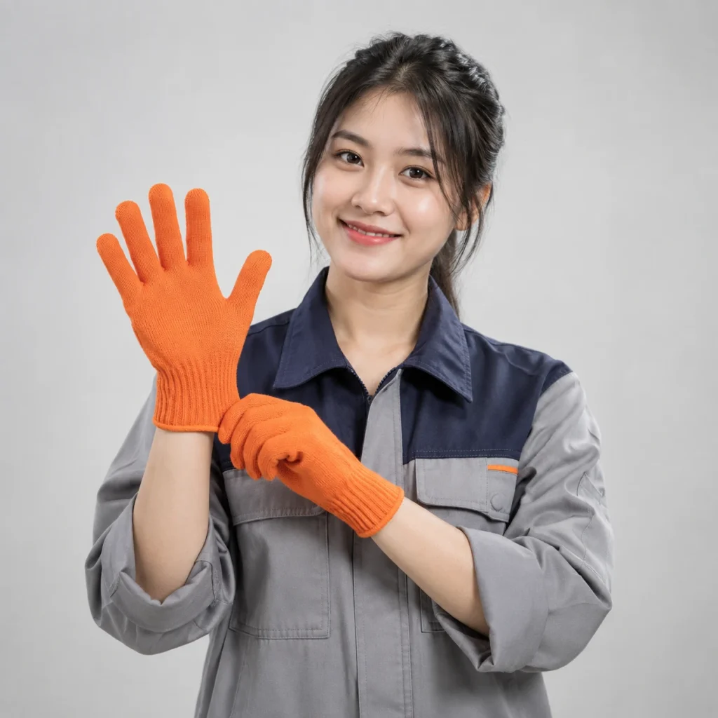 Găng tay sợi vải cotton màu cam cổ bo chắc chắn