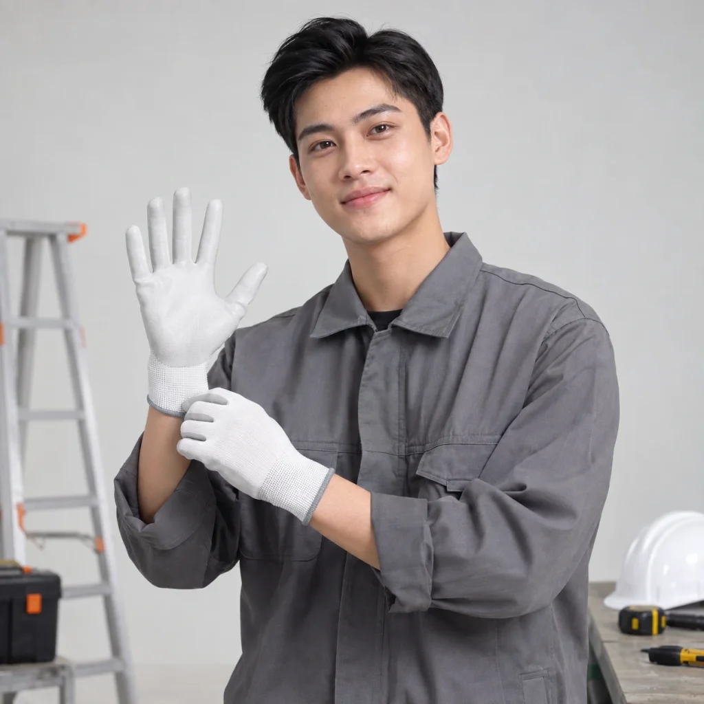 Găng tay sợi cao su nitrile màu trắng phủ lòng bàn tay