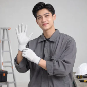 Găng tay sợi cao su nitrile màu trắng phủ lòng bàn tay