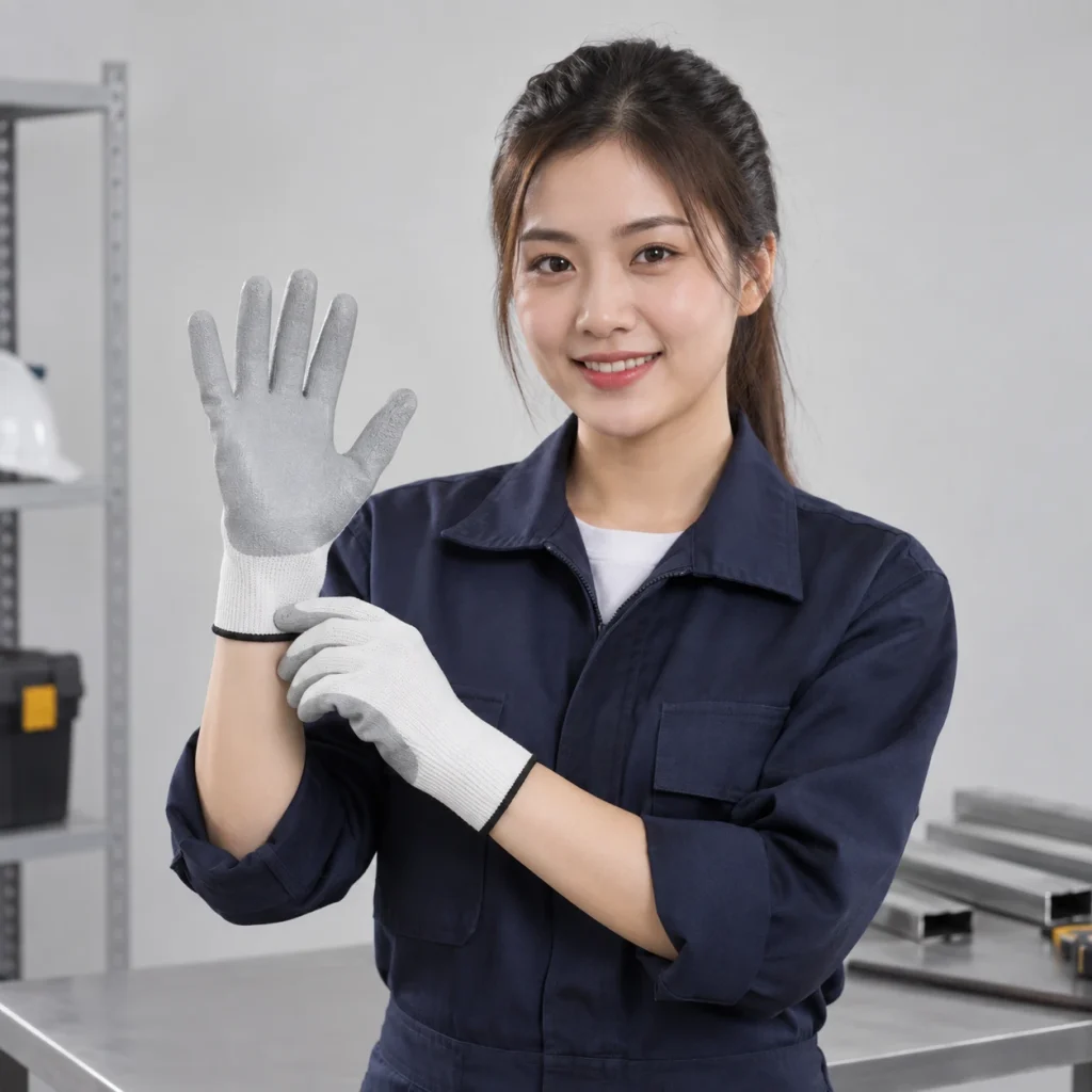 Găng tay cao su sợi chống cắt màu trắng phủ lòng bàn tay