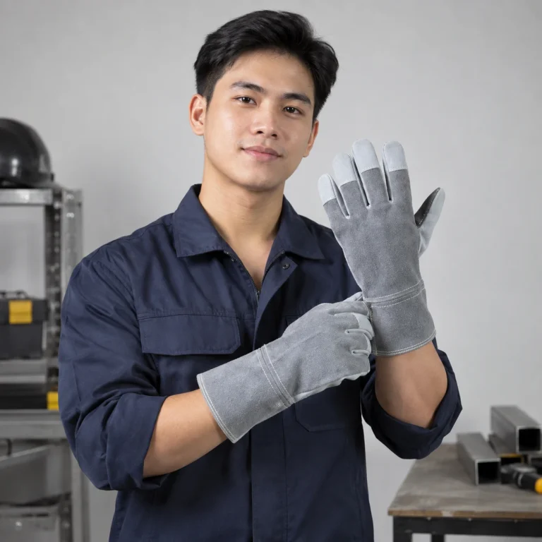 Găng tay chống cắt da split màu xám phủ đầu ngón