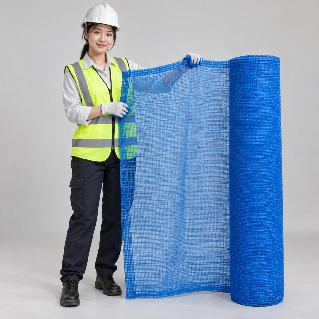 Lưới bao che công trình sợi PP cường lực màu xanh dương dệt nút chắc chắn