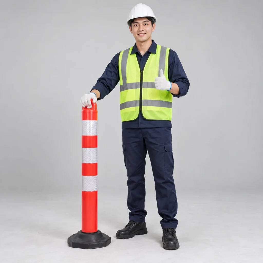 Cọc tiêu giao thông nhựa PE màu đỏ trắng cảnh báo ban đêm