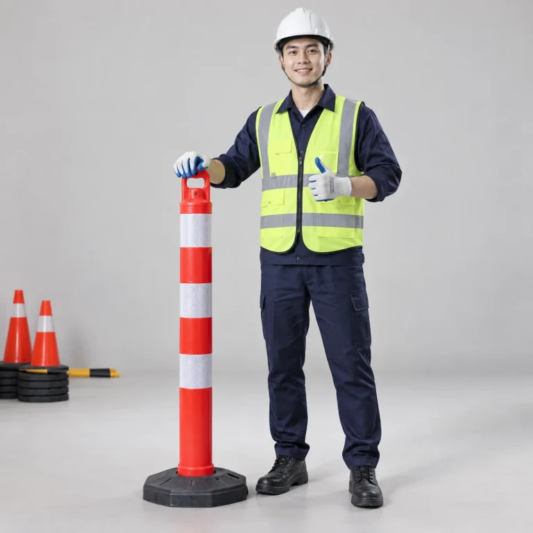 Cọc tiêu giao thông nhựa kỹ thuật phản quang màu đỏ trắng đế nặng chống đổ
