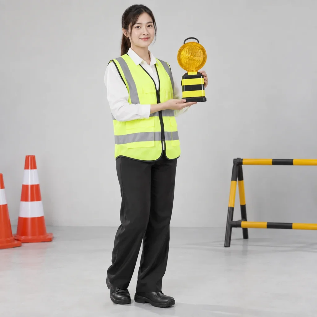 Đèn cảnh báo nhựa kỹ thuật phản quang màu vàng đen dải phản quang kép