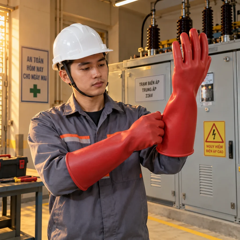 Găng tay cách điện nhựa cách điện màu đỏ dùng cho điện trung áp