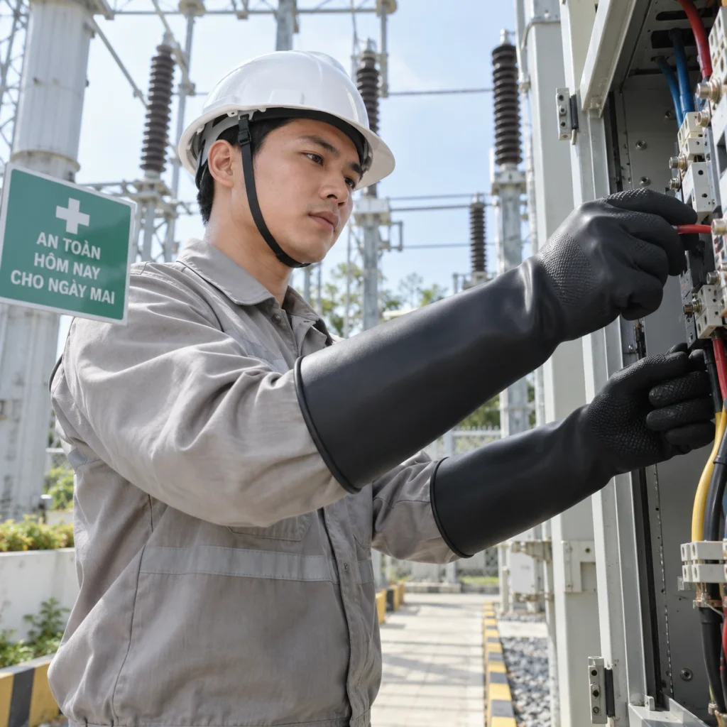 Găng tay cách điện cao su cách điện màu đen bề mặt chống trượt