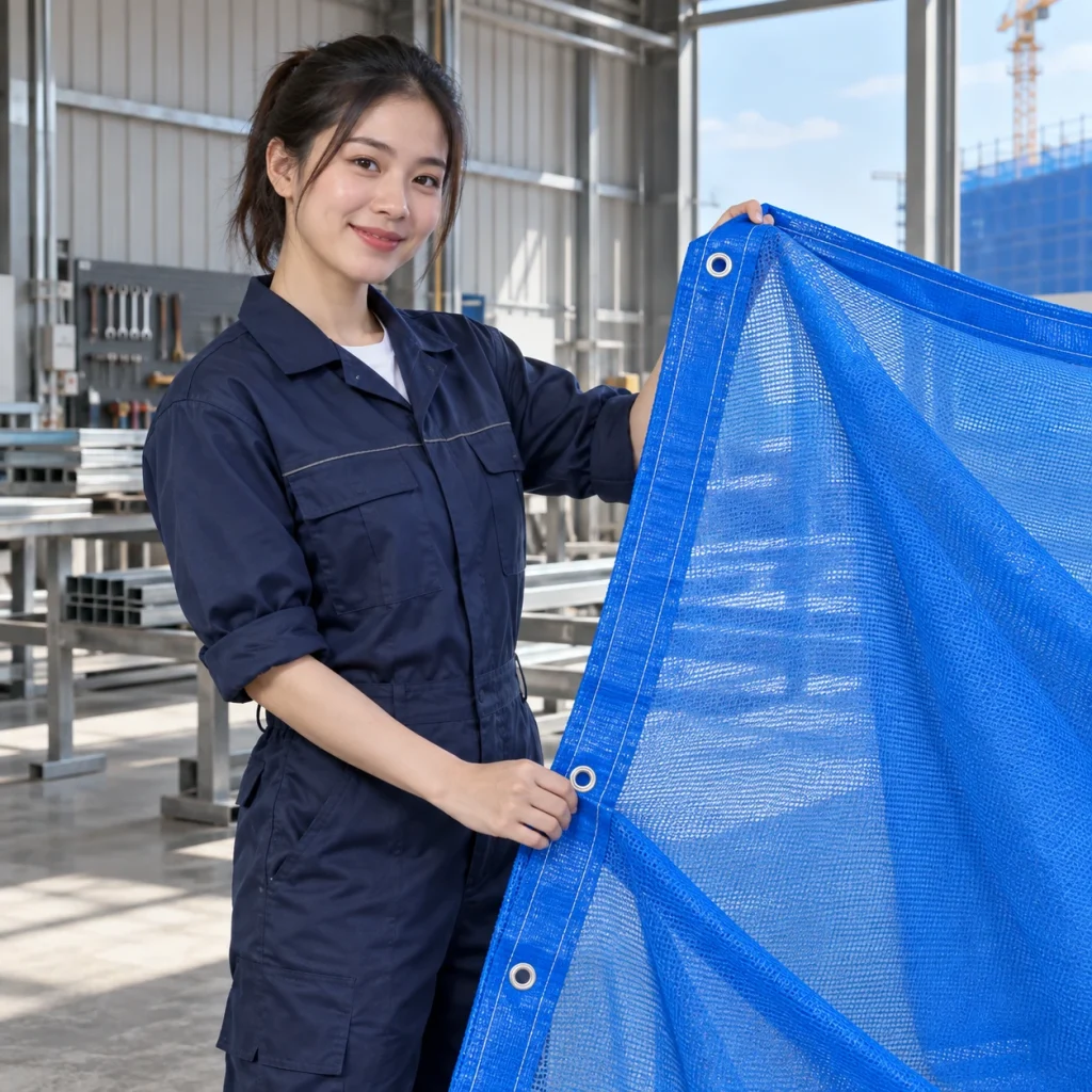 Lưới bao che công trình sợi polyester màu xanh dương bo viền gia cường