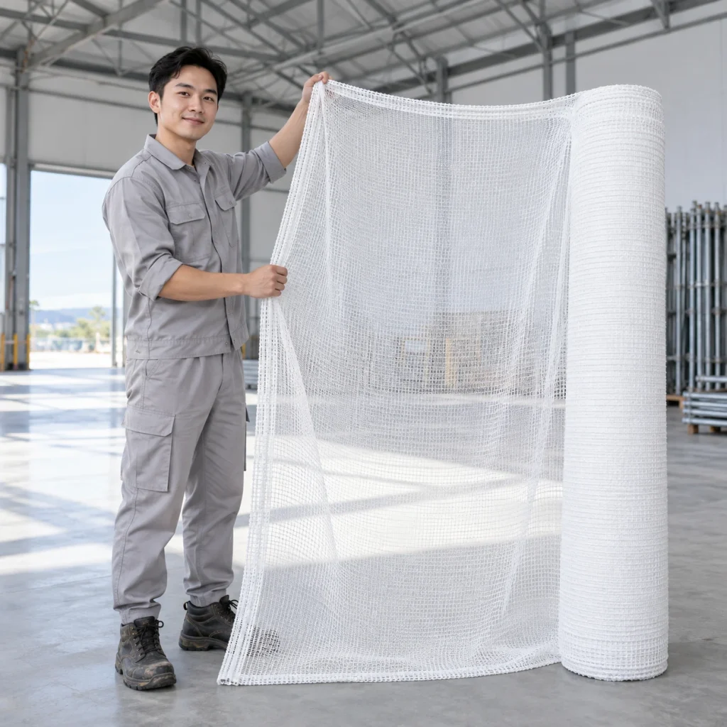 Lưới bao che công trình sợi PP cường lực màu trắng dệt nút chắc chắn