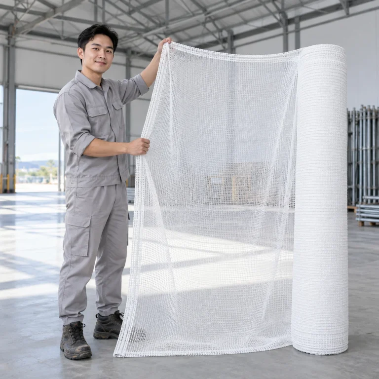Lưới bao che công trình sợi PP cường lực màu trắng dệt nút chắc chắn