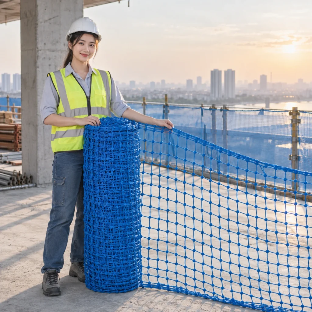 Lưới chống vật rơi sợi PP cường lực màu xanh dương dệt nút chắc chắn