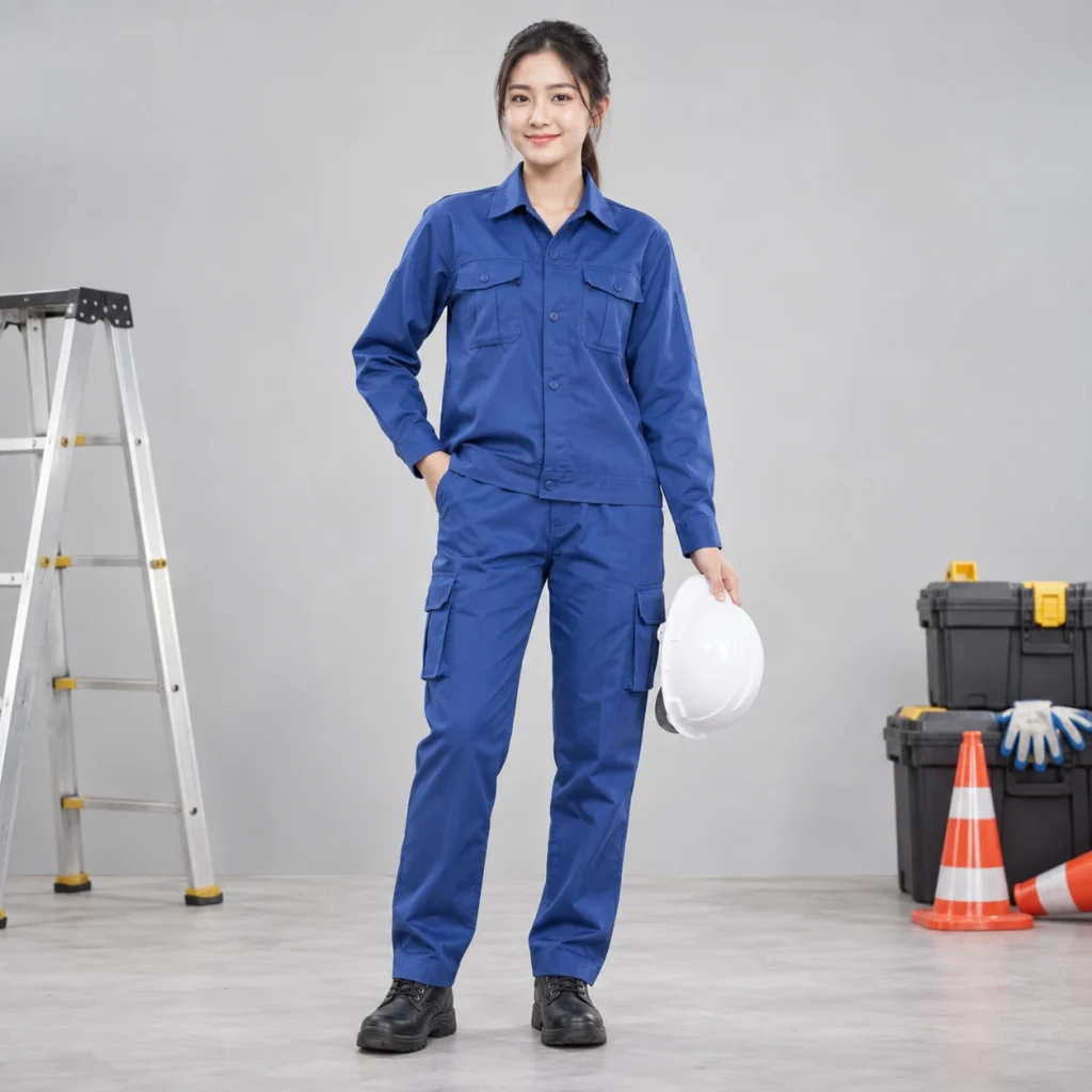 Quần áo bảo hộ may theo yêu cầu vải cotton pha màu xanh biển dài tay túi hộp
