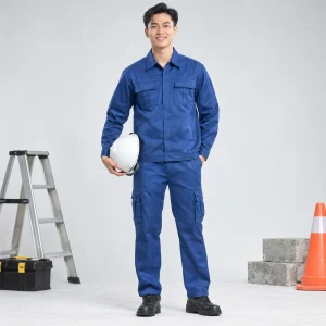 Quần áo bảo hộ cho kỹ sư vải chéo bền màu màu xanh biển dài tay túi hộp