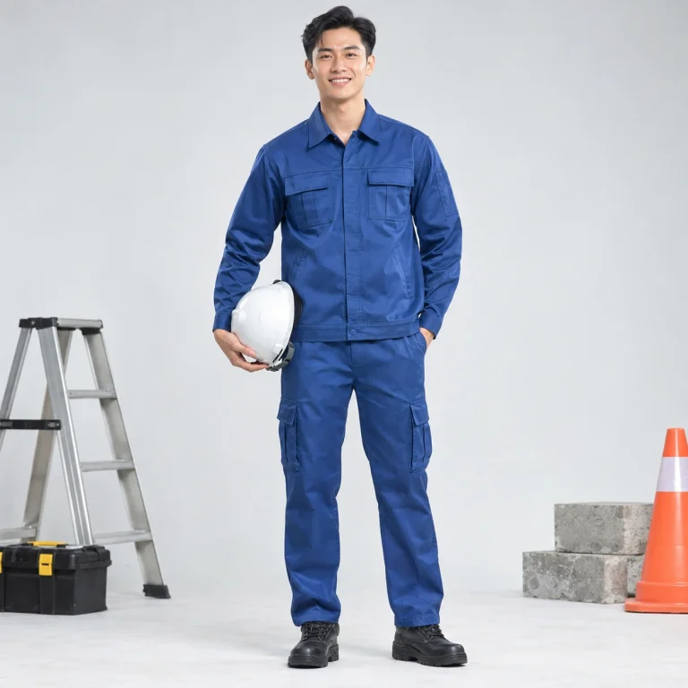 Quần áo bảo hộ cho kỹ sư vải chéo bền màu màu xanh biển dài tay túi hộp