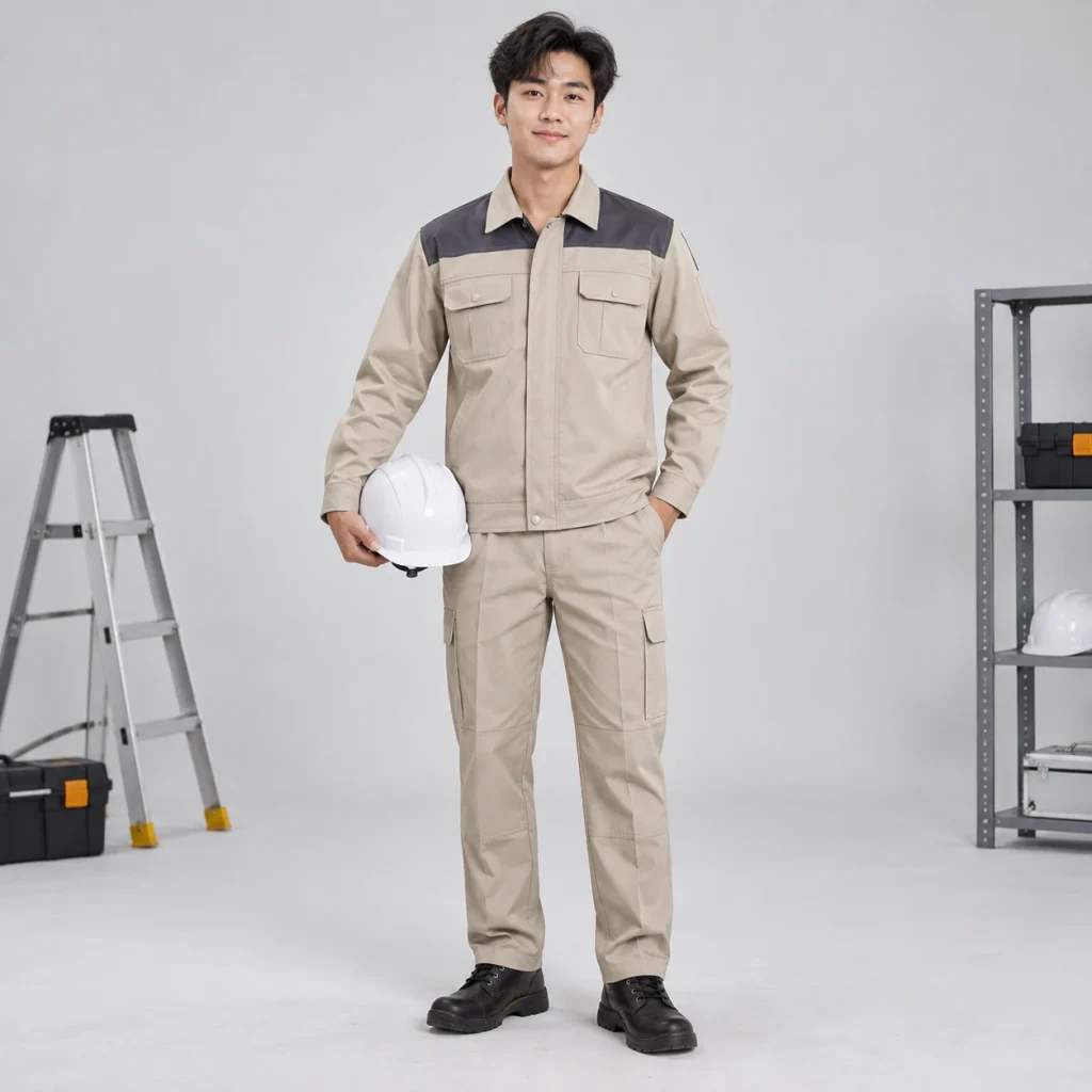 Bộ quần áo bảo hộ kaki cao cấp vải chéo bền màu màu be phối vai hiện đại