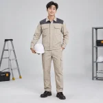 Bộ quần áo bảo hộ kaki cao cấp vải chéo bền màu màu be phối vai hiện đại