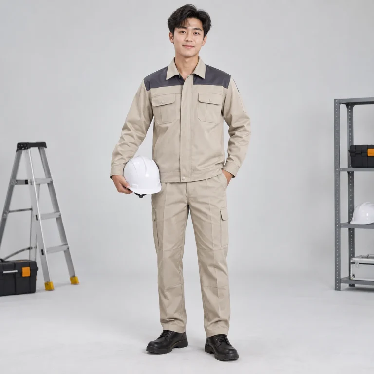 Bộ quần áo bảo hộ kaki cao cấp vải chéo bền màu màu be phối vai hiện đại