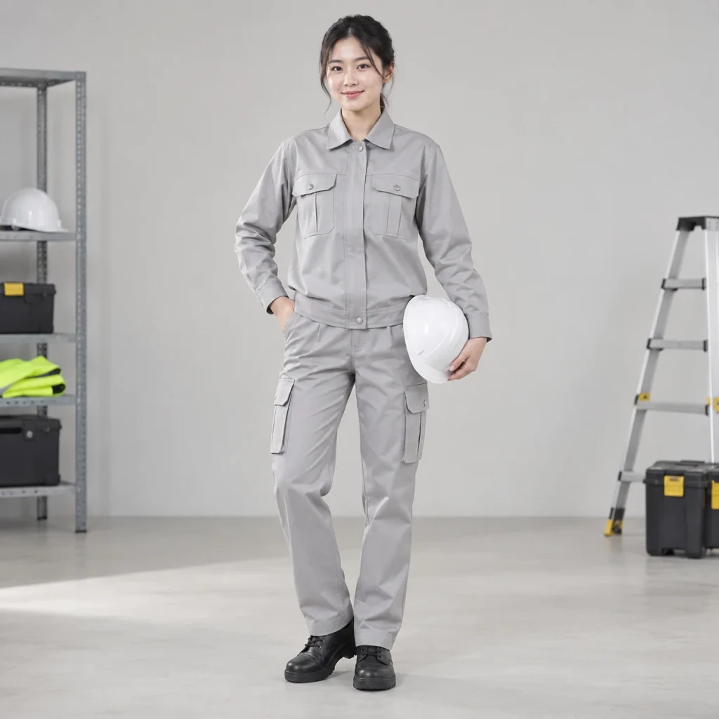 Bộ quần áo bảo hộ kaki cao cấp vải kaki cotton màu ghi sáng dài tay túi hộp