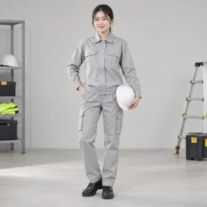 Bộ quần áo bảo hộ kaki cao cấp vải kaki cotton màu ghi sáng dài tay túi hộp