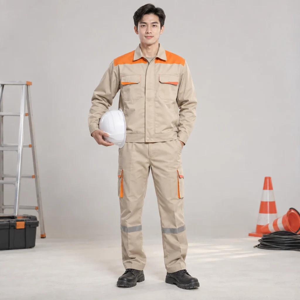 Quần áo điện lực vải chéo bền màu màu be phối vai hiện đại