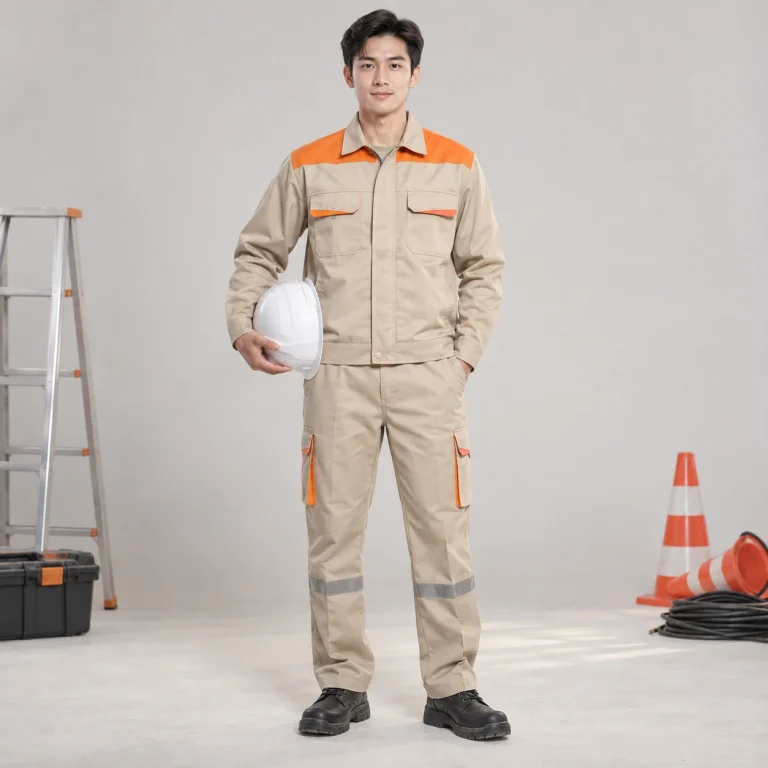 Quần áo điện lực vải chéo bền màu màu be phối vai hiện đại