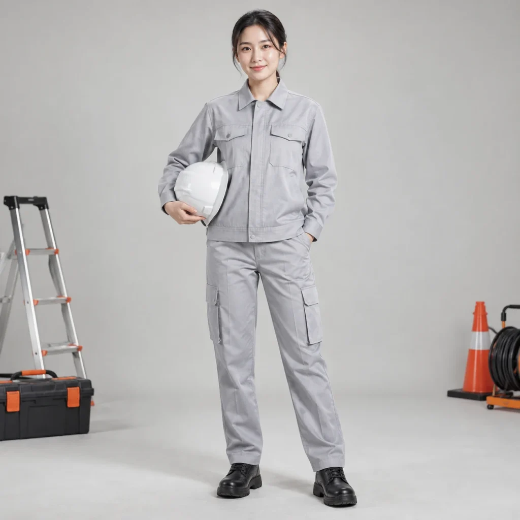 Quần áo điện lực vải kaki cotton màu ghi sáng dài tay túi hộp