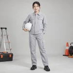 Quần áo điện lực vải kaki cotton màu ghi sáng dài tay túi hộp