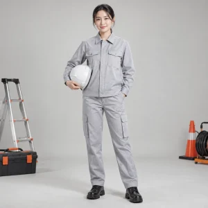 Quần áo điện lực vải kaki cotton màu ghi sáng dài tay túi hộp