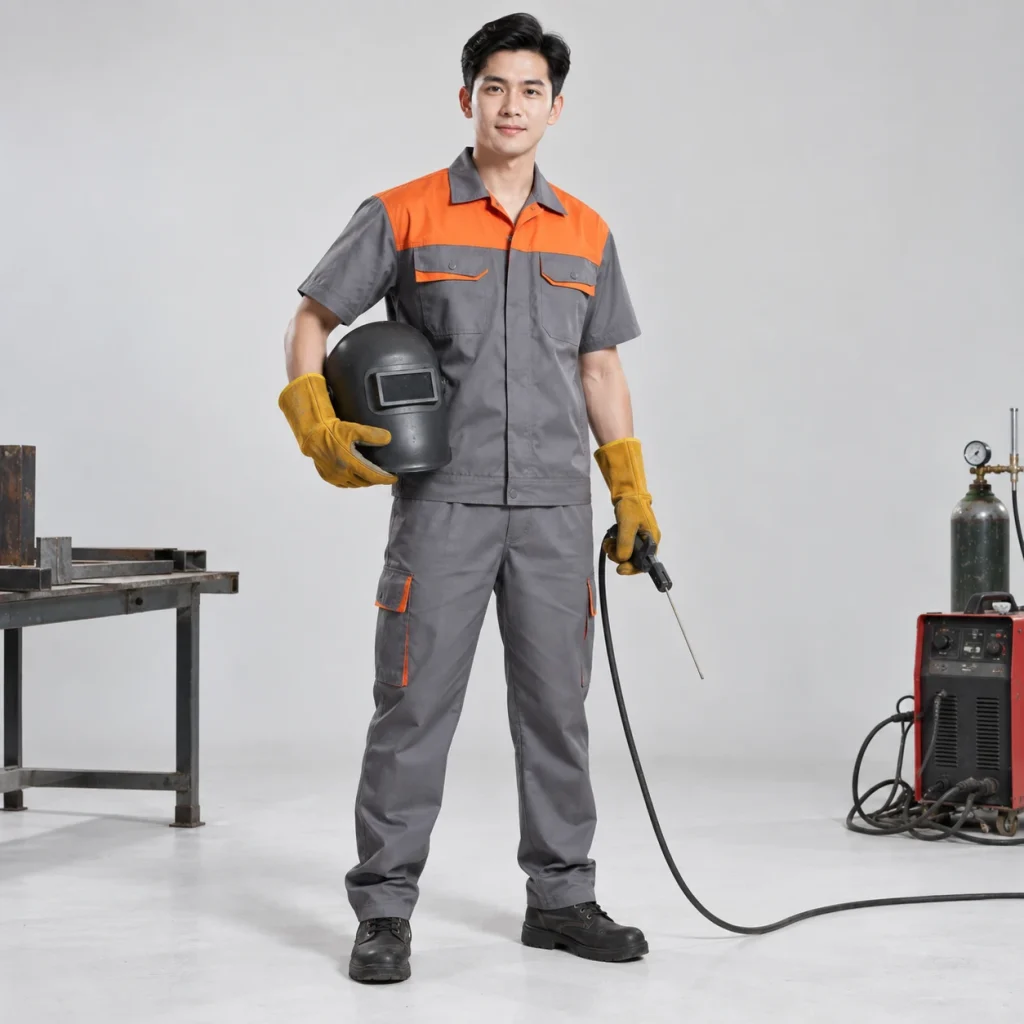 Quần áo bảo hộ thợ hàn vải cotton pha màu ghi phối cam cộc tay gọn nhẹ