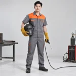 Quần áo bảo hộ thợ hàn vải cotton pha màu ghi phối cam cộc tay gọn nhẹ