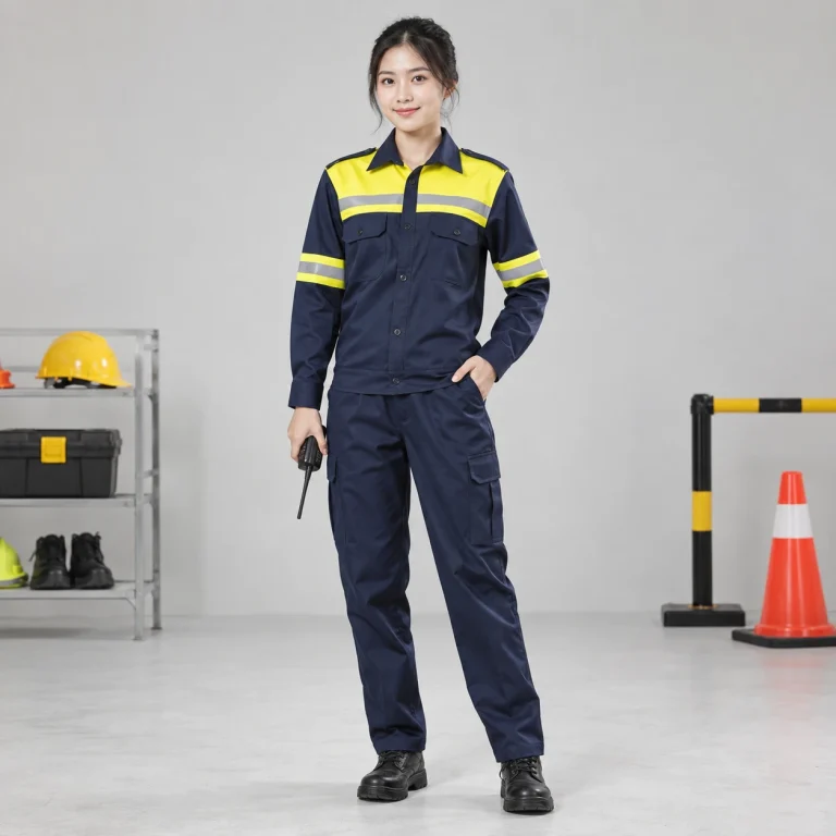 Đồng phục bảo vệ vải chéo bền màu màu xanh phối vàng dải phản quang kép