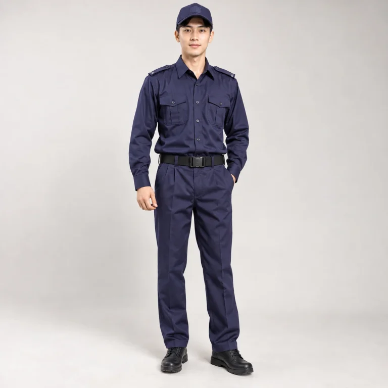 Đồng phục bảo vệ vải kaki cotton màu tím than thoáng lưng