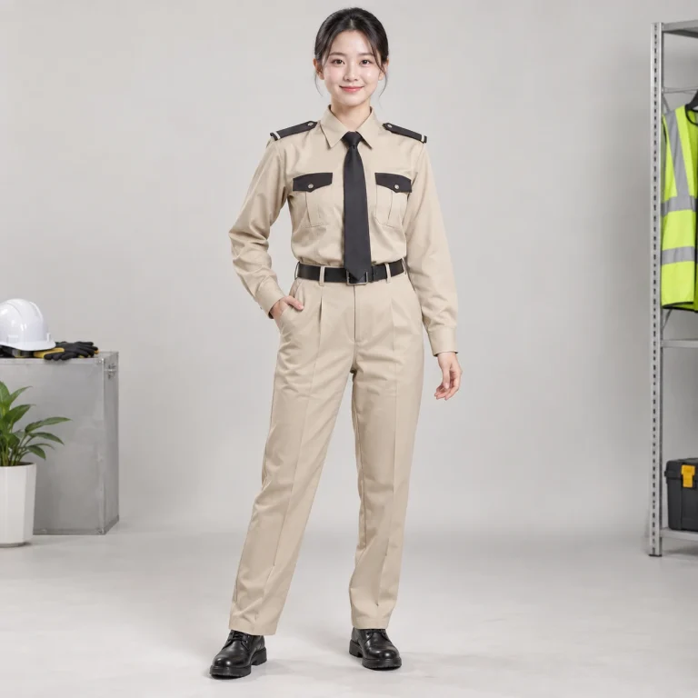 Đồng phục bảo vệ vải kaki liên doanh màu be phối vai hiện đại