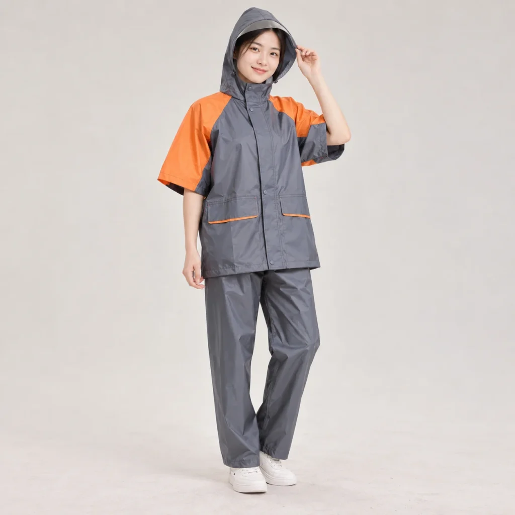 Bộ quần áo mưa vải chéo bền màu màu ghi phối cam cộc tay gọn nhẹ