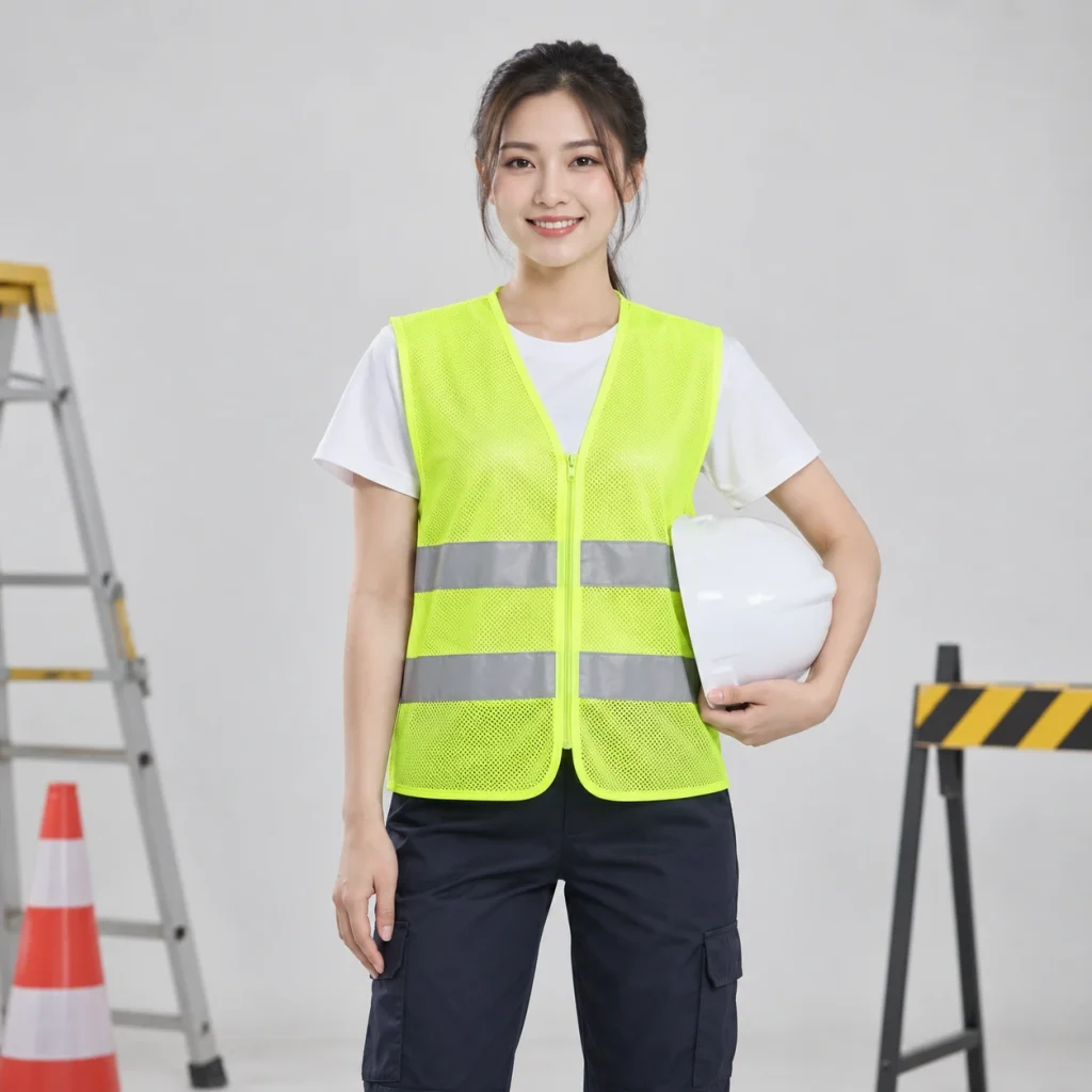 Áo gile phản quang lưới mắt nhỏ màu vàng chanh dải bạc kép