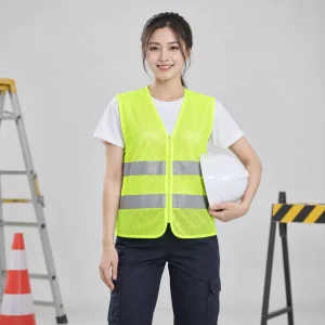 Áo gile phản quang lưới mắt nhỏ màu vàng chanh dải bạc kép