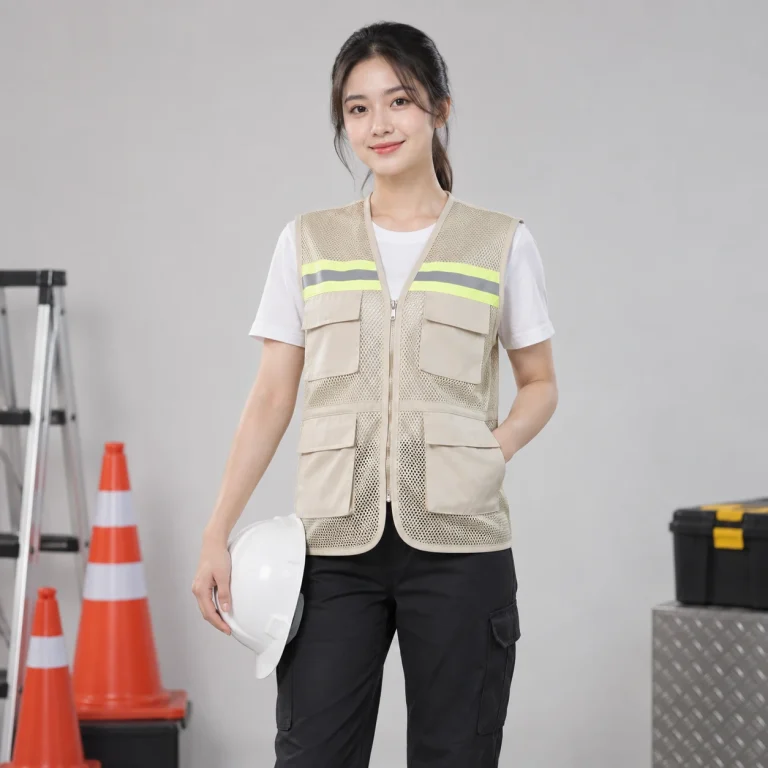 Áo lưới phản quang vải gió nhẹ màu be khóa kéo trước