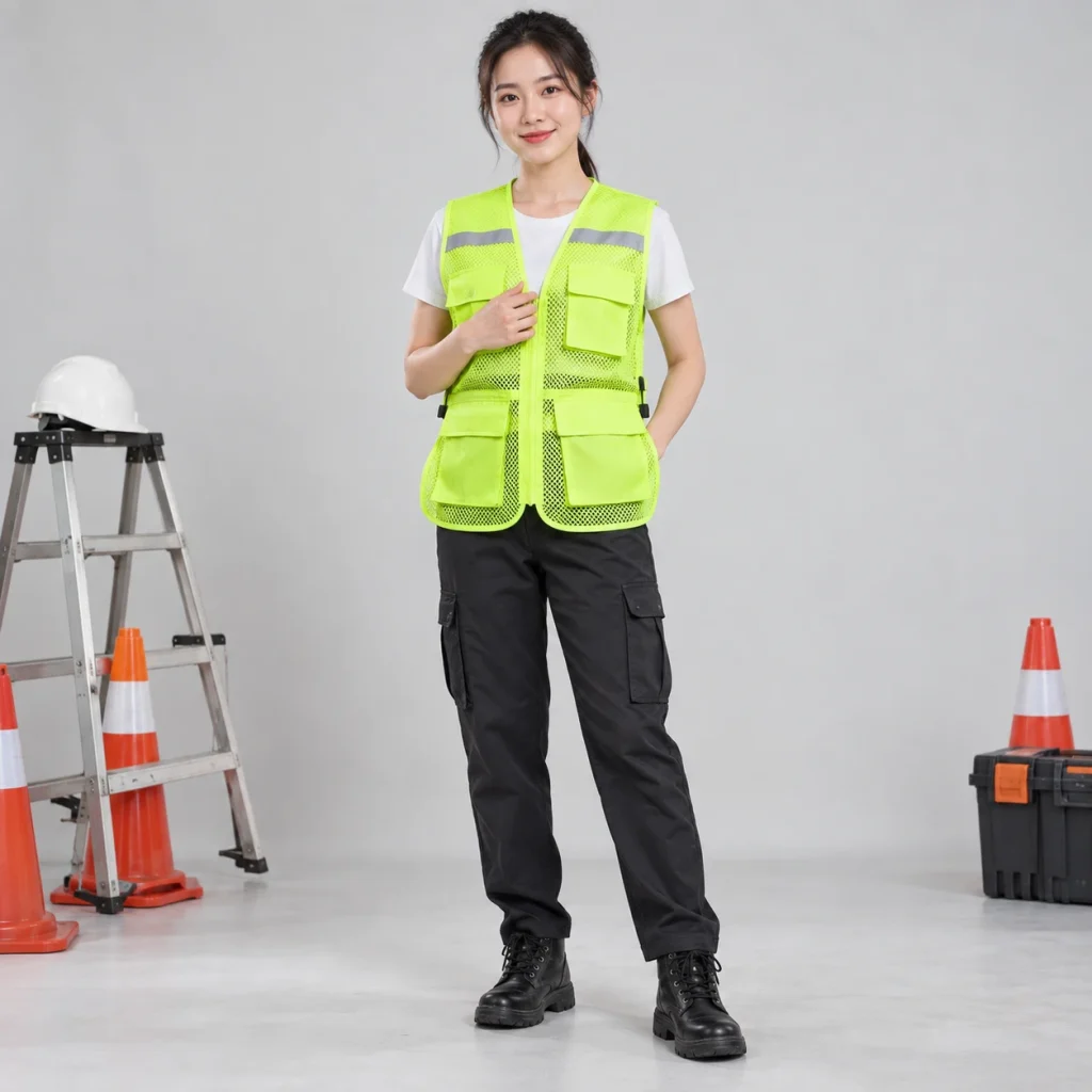 Áo gile túi hộp lưới mắt lớn màu xanh chuối dây dán điều chỉnh