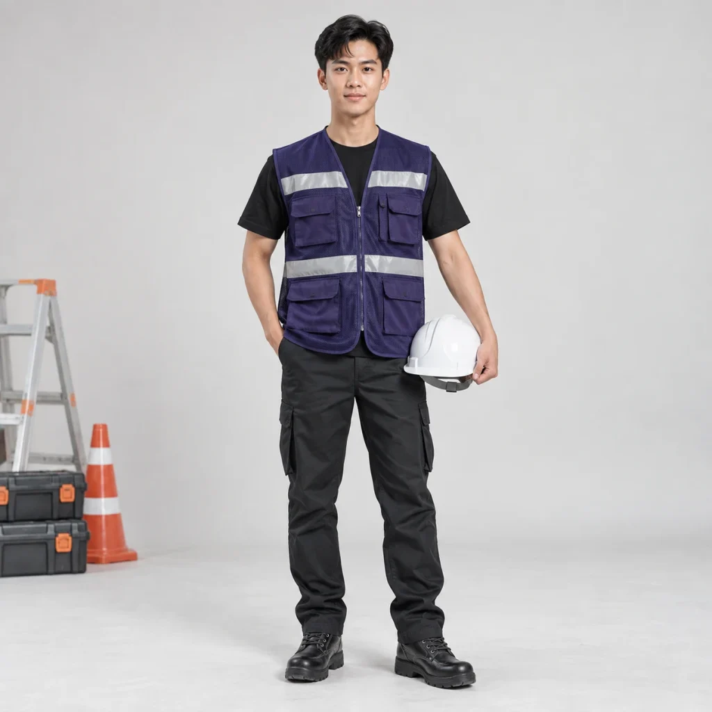 Áo phản quang dải bạc lưới polyester màu tím than túi hộp đa năng