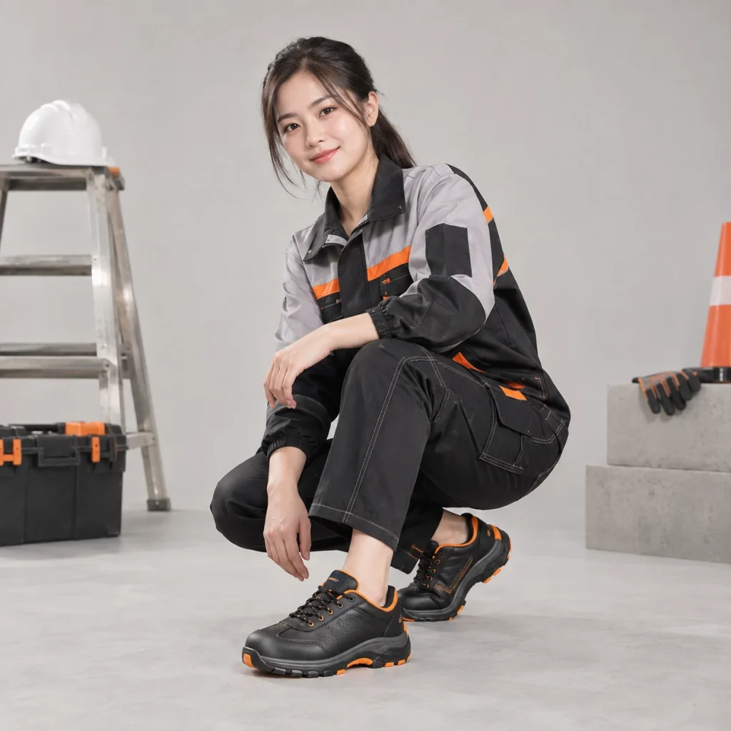 Giày bảo hộ đế kép da microfiber màu đen phối cam cổ thấp siêu nhẹ