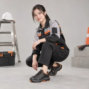 Giày bảo hộ đế kép da microfiber màu đen phối cam cổ thấp siêu nhẹ