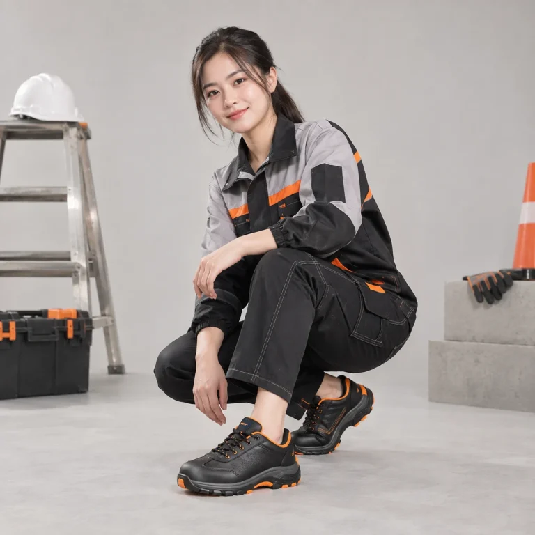 Giày bảo hộ đế kép da microfiber màu đen phối cam cổ thấp siêu nhẹ